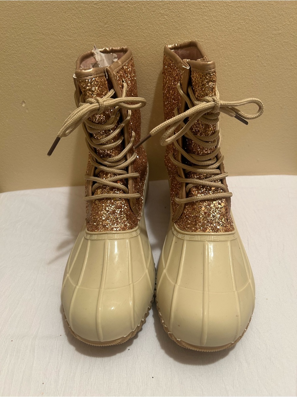 Sugar Women's Glitter Lace-Up Duck Boots in Gold and Cream